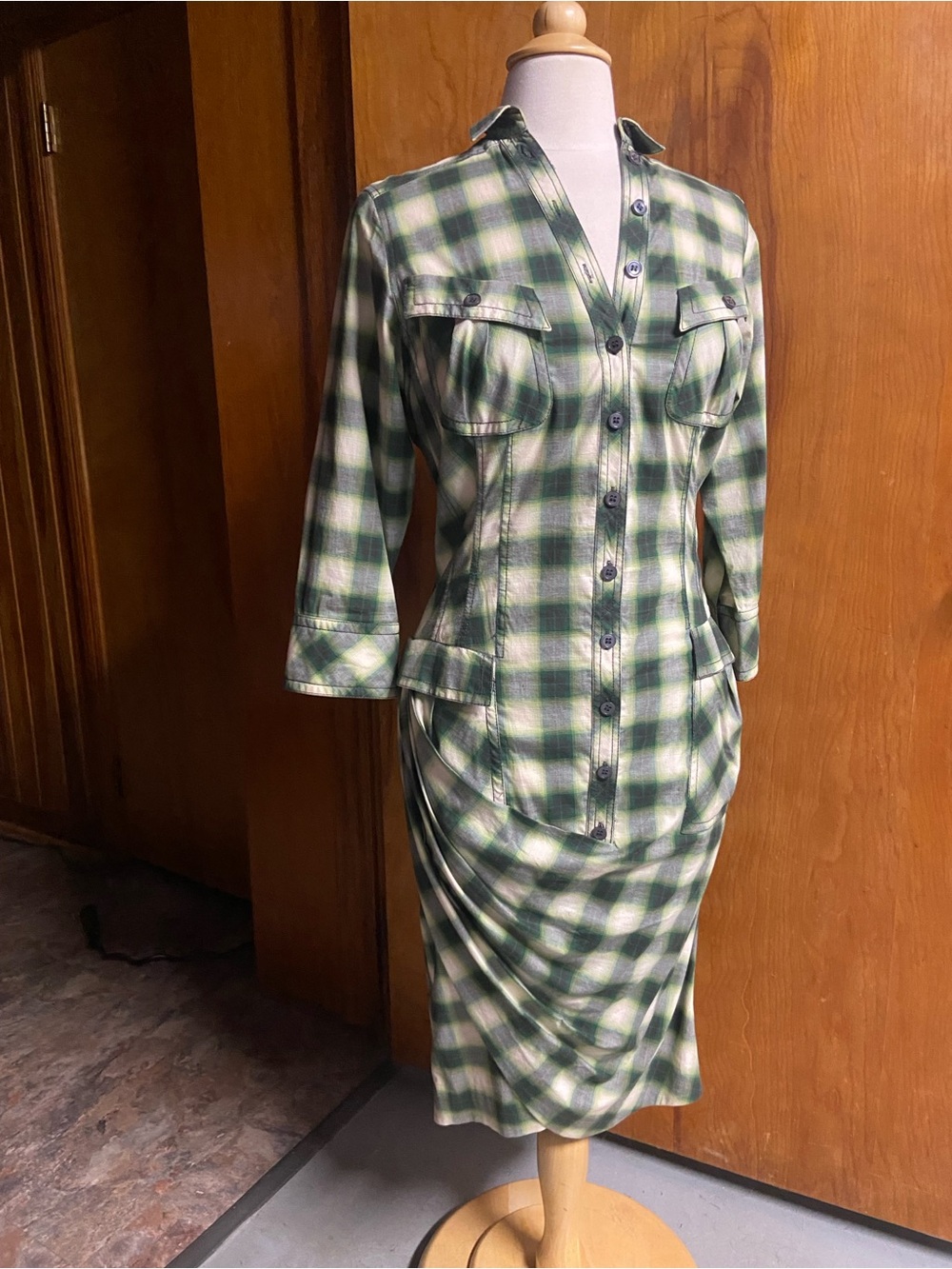BYRON LARS Beauty Western Plaid Button Front Green White Midi Skirt Dress RARE